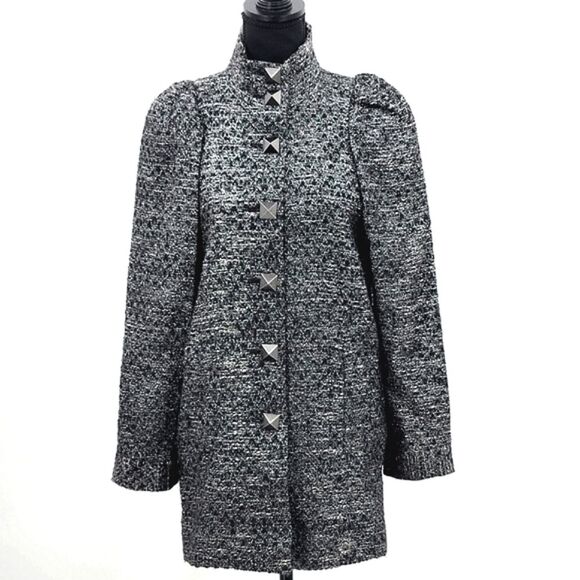 RACHEL Rachel Roy Metallic Silver Gray Mock Neck Tweed Peacoat Women's Size 0 - Picture 1 of 14